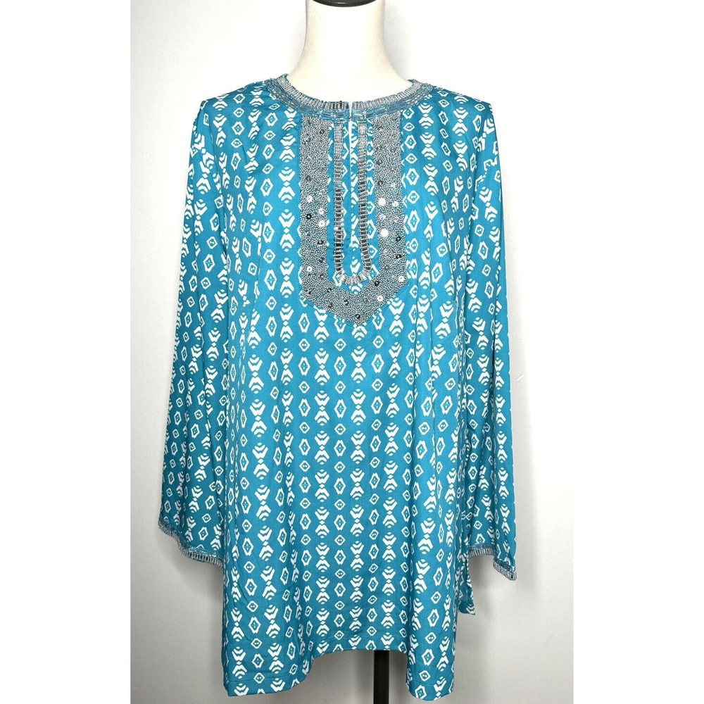 Romans Top Womens 22W Embellished Tunic Beaded Sequin Turquoise Teal Pullover